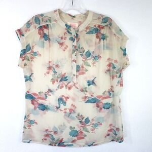 Quiksilver Womens XS Floral Print Top Short Sleeve Button Up Blouse Sheer Career